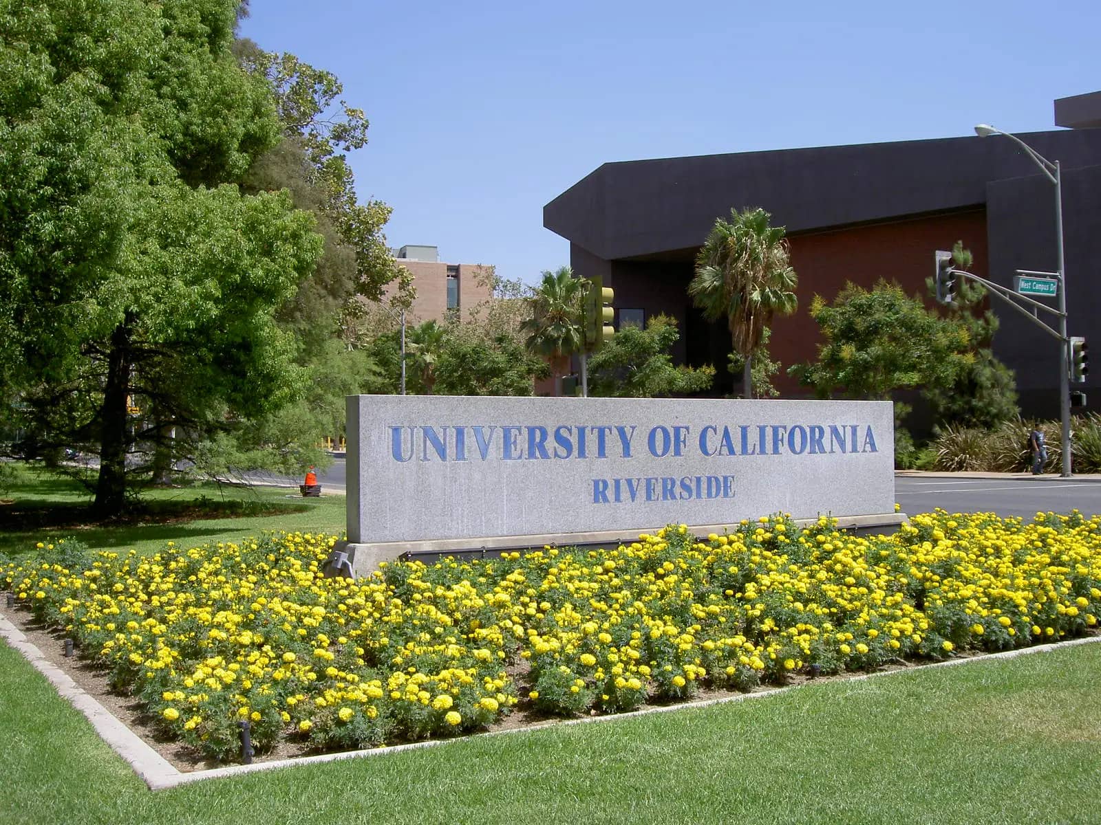 University of California-Riverside campus — Entrance along University Avenue. The Arts Building is visible in the background.