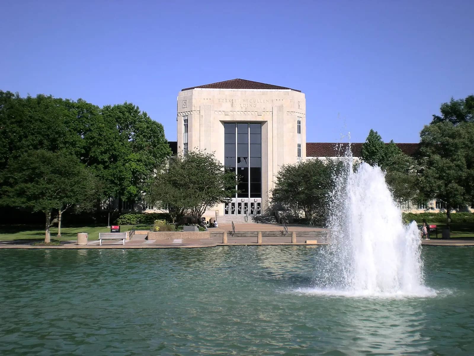 University of Houston campus — The Ezekiel W. Cullen building across from the Cullen Family Plaza Fountain at the University of Houston