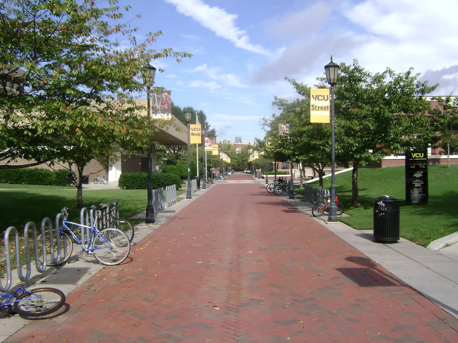 Virginia Commonwealth University campus — Linden Street, which is closed to vehicle traffic. It's now a broad sidewalk leading into the VCU Commons Plaza.